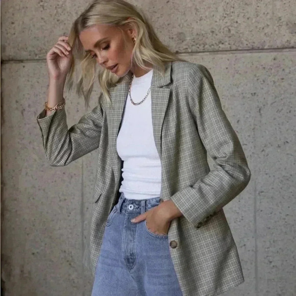 DISSH Jackets & Blazers - NWT DISSH Frankie Plaid Beige Blazer Jacket Houndstooth Workwear Size XL l US 10